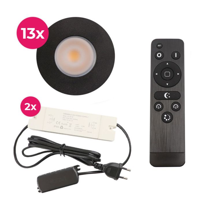 13 black porch spotlights Dico, IP65, with connection set and remote control