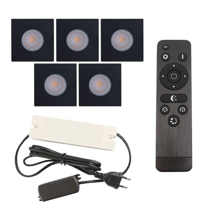 5 square black porch spotlights Dico, IP65, with connection set and remote control
