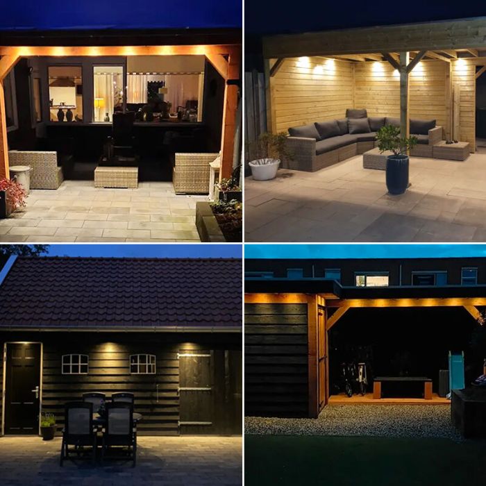 5 square black porch spotlights Dico, IP65, with connection set and remote control