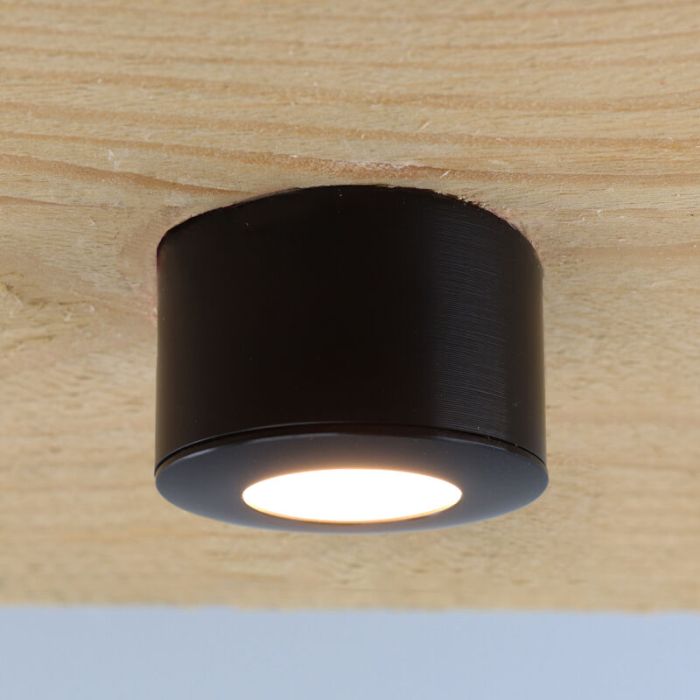 4 round black surface mounted spotlights Vasso, IP44, with connection set and remote control