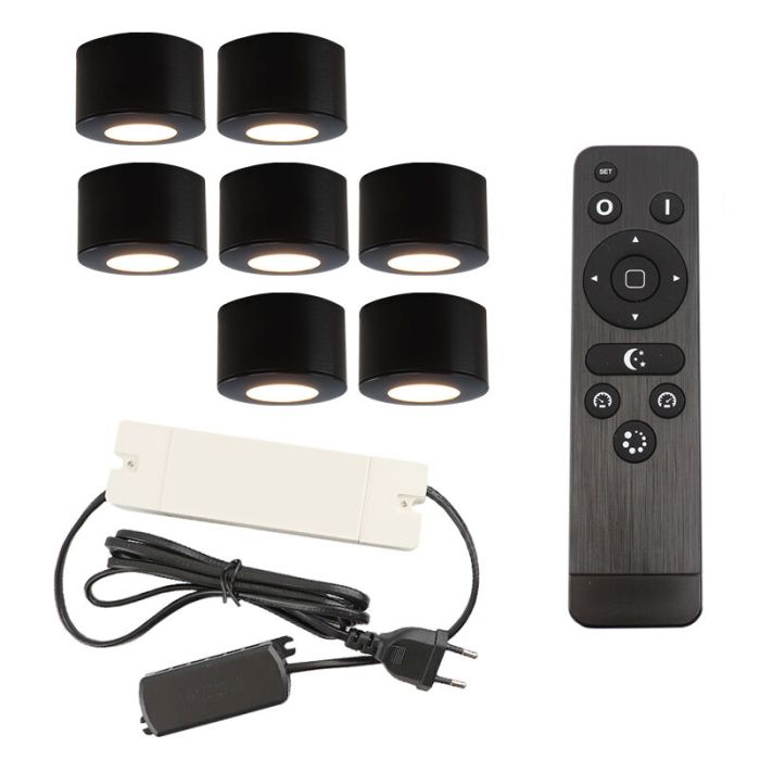 7 round black surface mounted spotlights Vasso, IP44, with connection set and remote control