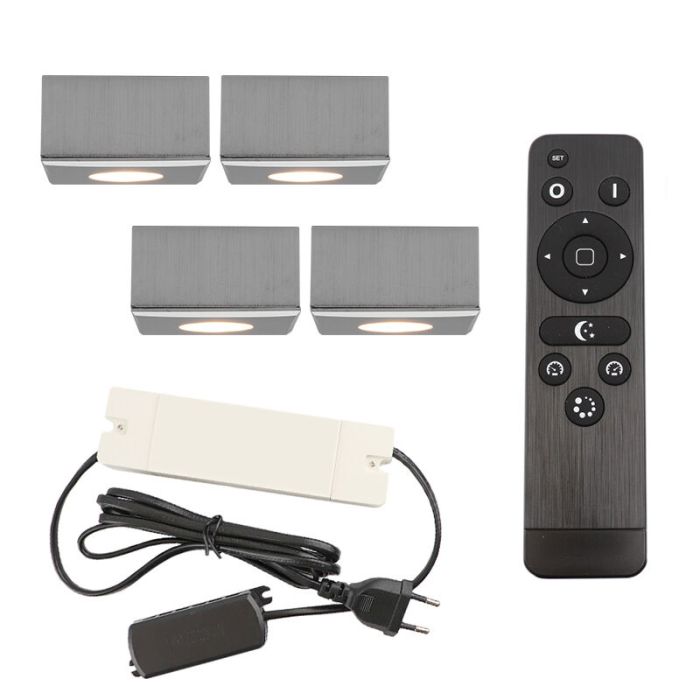 4 square chrome surface mounted spotlights Fredo, IP44, with connection set and remote control