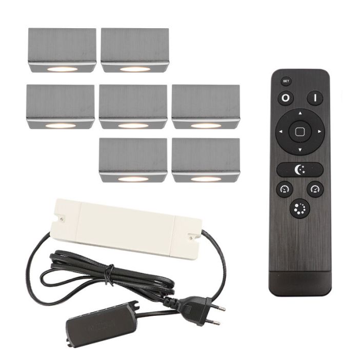 7 square chrome surface mounted spotlights Fredo, IP44, with connection set and remote control