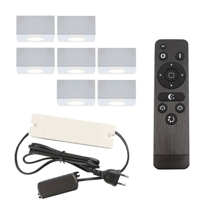 7 square white surface mounted spotlights Fredo, IP44, with connection set and remote control