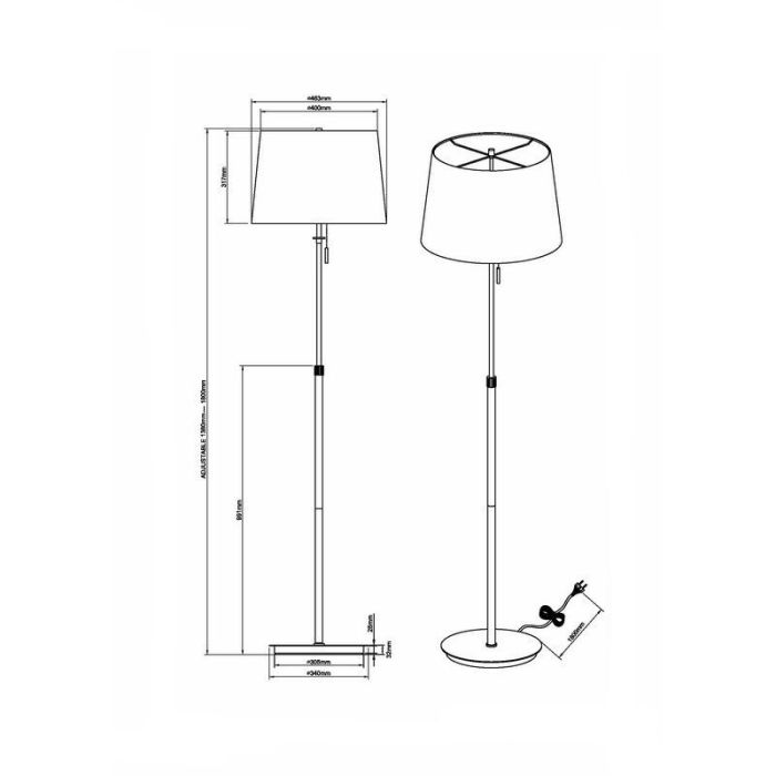 Brass floor lamp classic, Niva, with pull switch