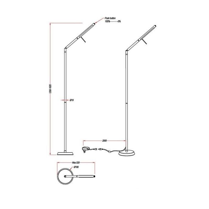 Black floor lamp modern, Rebel, 6W, 3000K LED, with touch dimmer