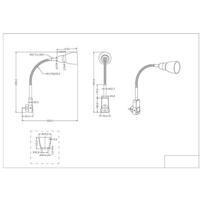 Nickel plug in wall light metal, Ava, with switch