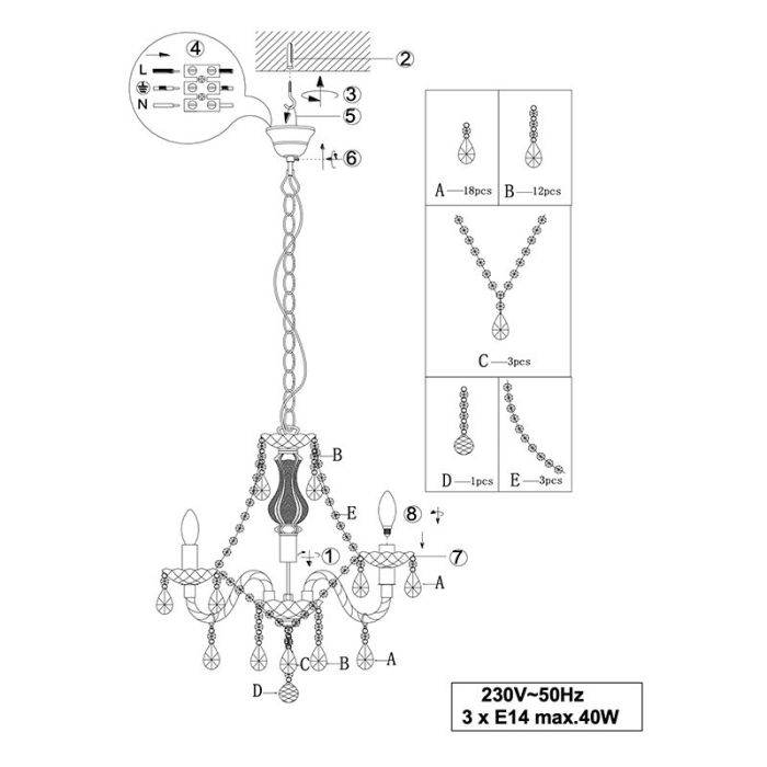 Multicoloured chandelier classic, Pedra