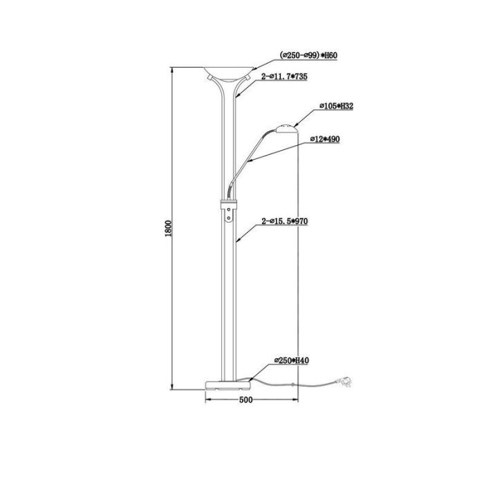 Black floor lamp modern, Aiden, 20W, 3000K LED, with switch