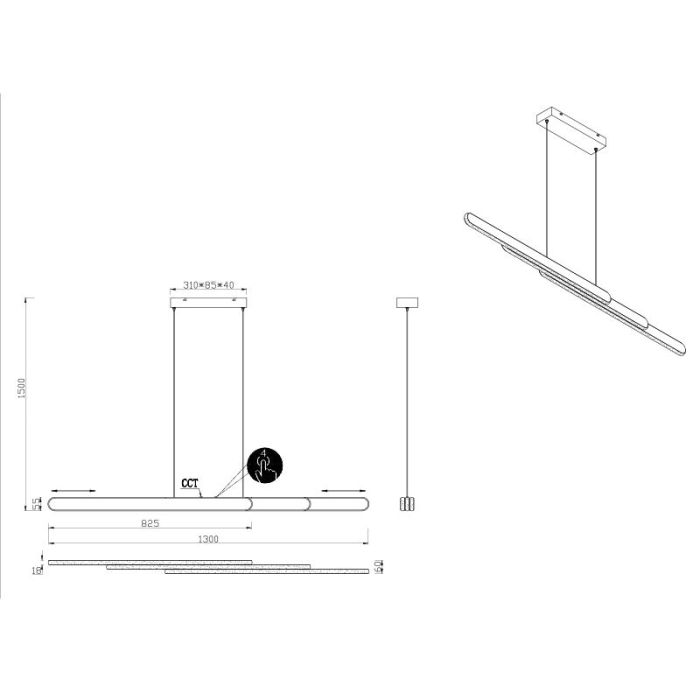 Black pendant light design, Dwayn, 48W, warm to cold white adjustable LED, with touch dimmer
