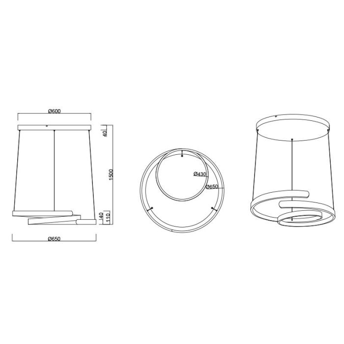 Nickel pendant light design, Ewout, 68W, 3000K LED, 3-step dimmable