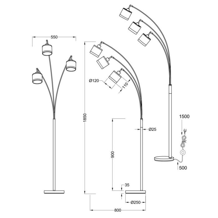 Taupe arc floor lamp modern, Denley, with switch