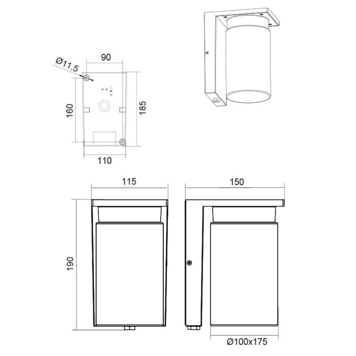Black outdoor wall light with dusk to dawn sensor modern, Yves, IP44