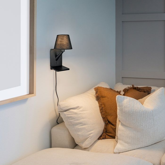 Black wall light fabric, Tahir, with switch