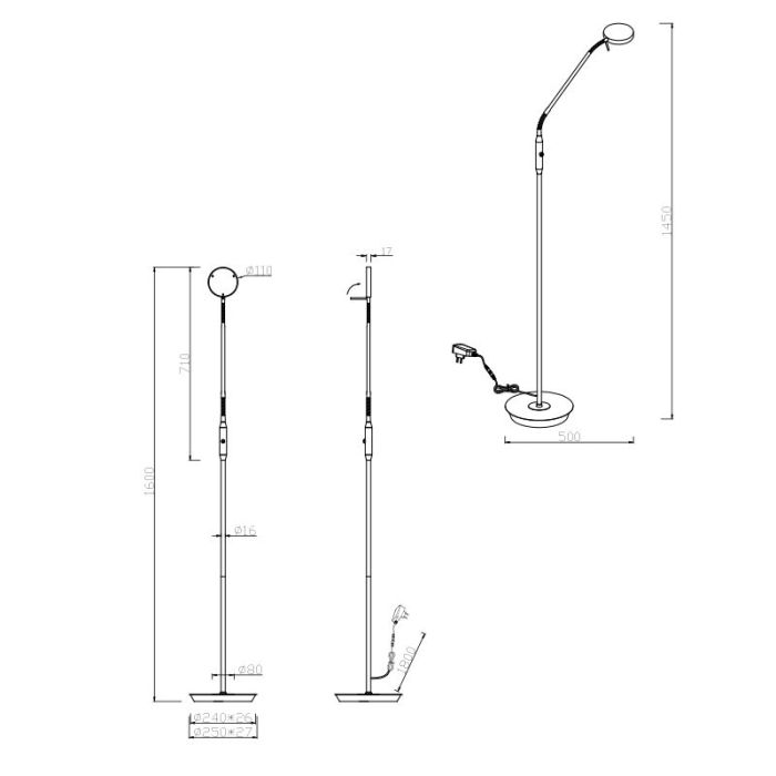 Black reading floor lamp modern, Bilge, 12W, warm to cold white adjustable LED, with touch dimmer