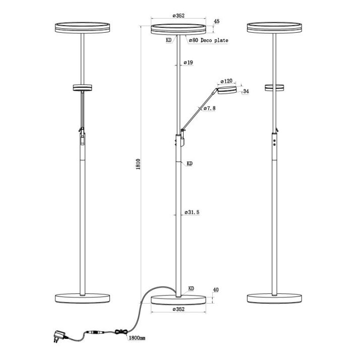 Nickel reading floor lamp modern, Marjon, 35W, warm to cold white adjustable LED, with touch dimmer