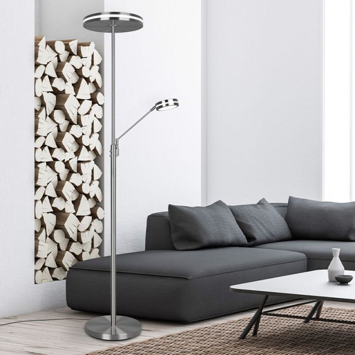 Nickel reading floor lamp modern, Marjon, 35W, warm to cold white adjustable LED, with touch dimmer