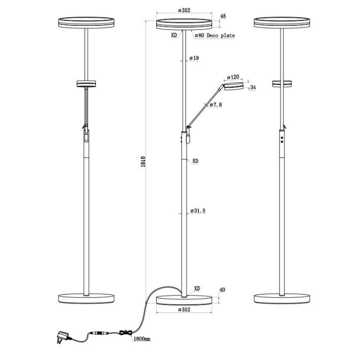 Anthracite reading floor lamp modern, Marjon, 35W, warm to cold white adjustable LED, with touch dimmer