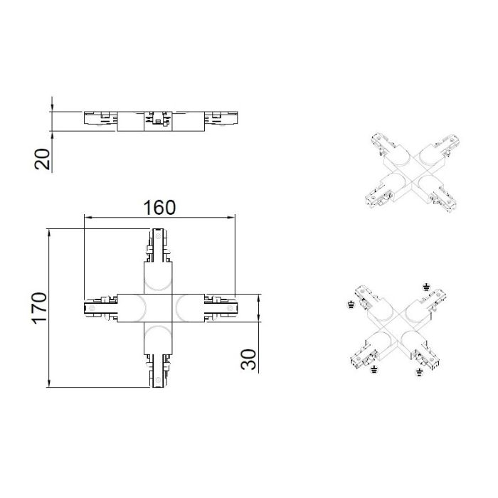 Black cross connector for 2-phase track lighting