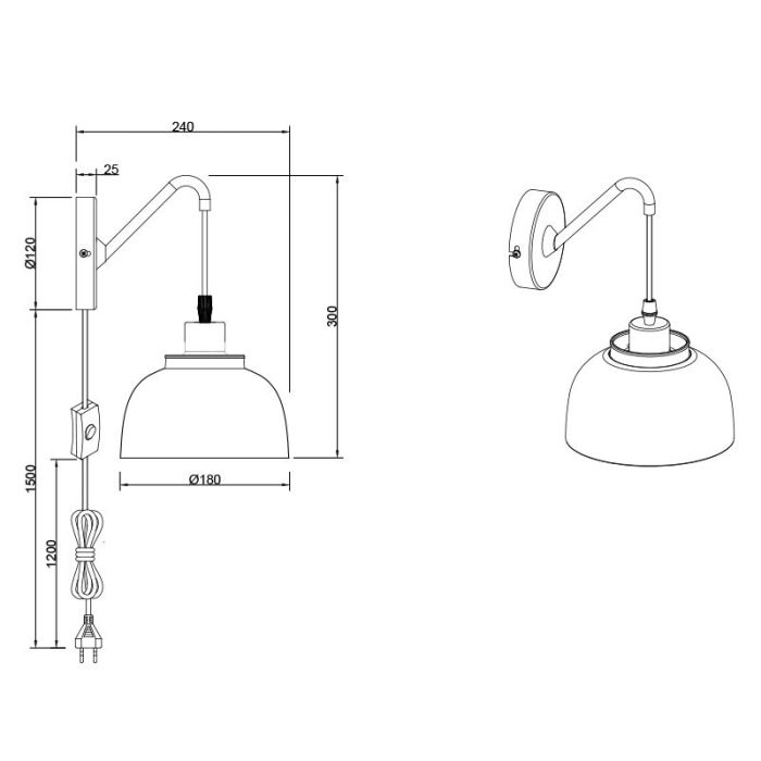Black wall light industrial, Sylvano, with switch