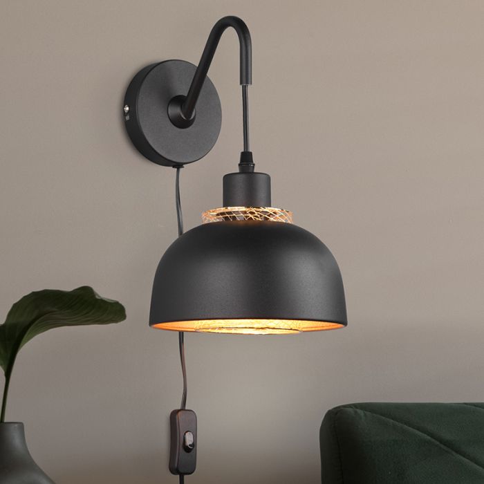 Black wall light industrial, Sylvano, with switch