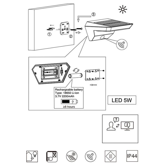 Anthracite outdoor wall light with motion sensor modern, Sunniva, 5W, 3000K LED, IP44