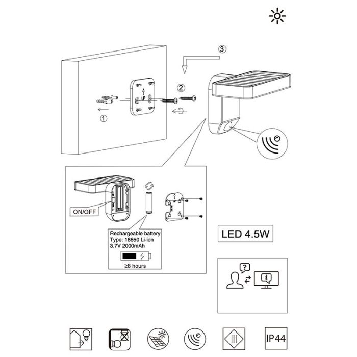Anthracite outdoor wall light with motion sensor modern, Summer, 4,5W, 3000K LED, IP44