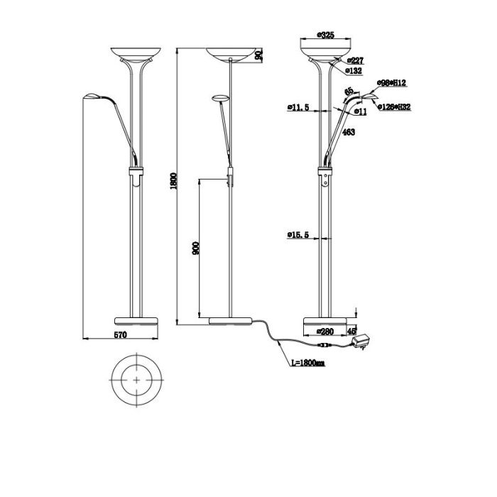 Nickel reading floor lamp modern, Fredrika, 27W, 3000K LED, with touch dimmer