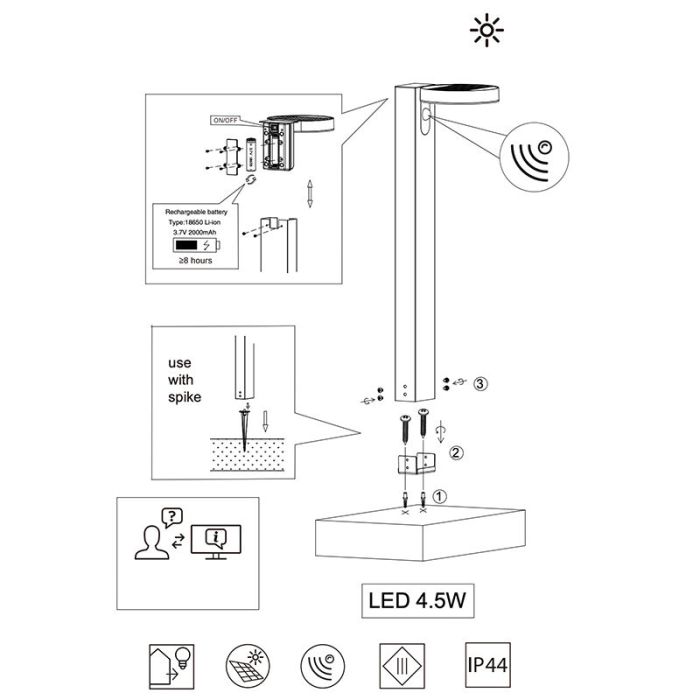 Anthracite solar outdoor floor lamp modern, Sunny, 4,5W, 3000K LED, IP44