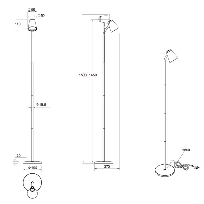 Black floor lamp modern, Rahul, 4,5W, 3000K LED, with switch