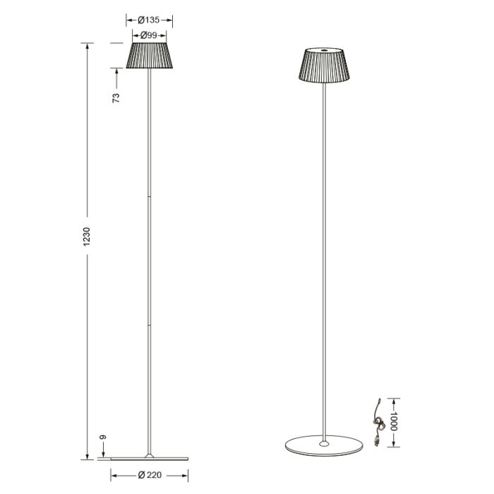 Brown rechargeable floor lamp modern, Reshma, 1,5W, 3000K LED, IP44, with touch dimmer