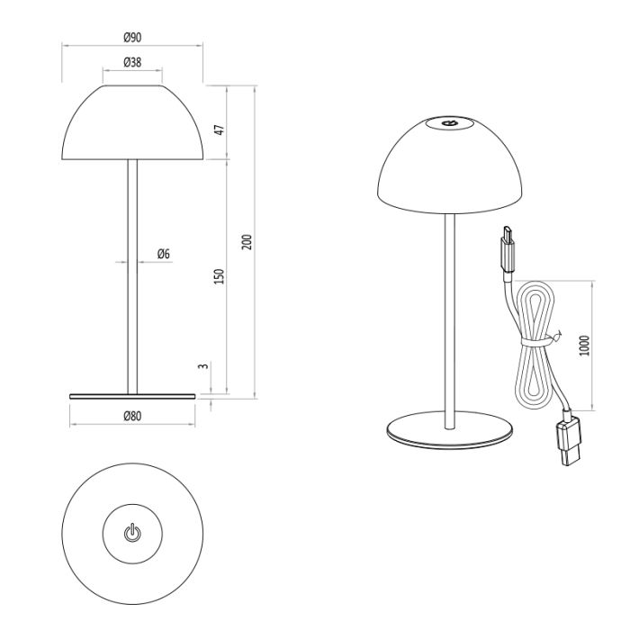 White rechargeable table lamp plastic, Mikhail, 2W, 3000K LED, IP44, with touch dimmer