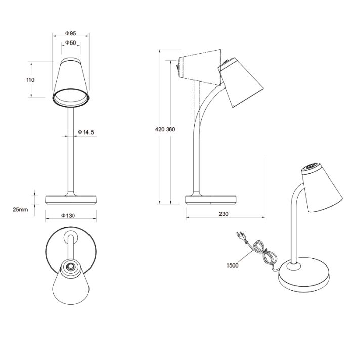 Black table lamp modern, Rahul, 4,5W, 3000K LED, with switch