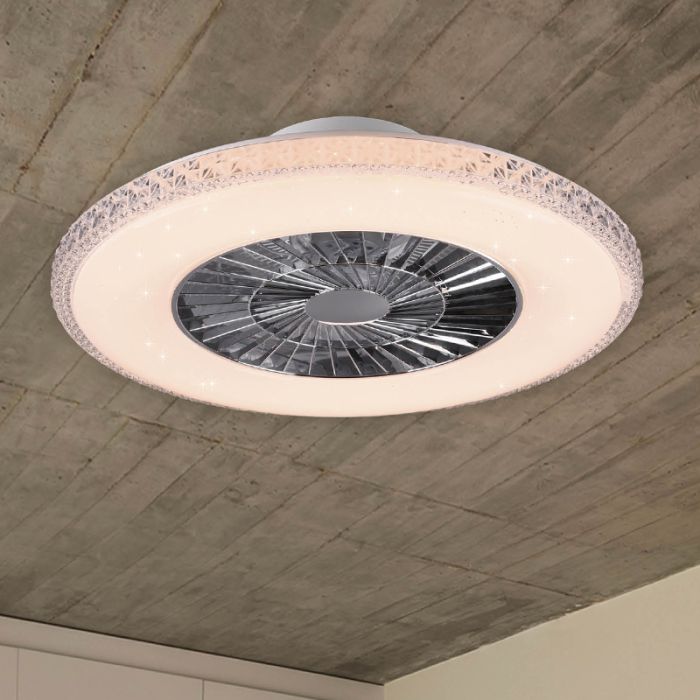 Chrome ceiling fan design, Damon, 40W, warm to cold white adjustable LED, with remote control