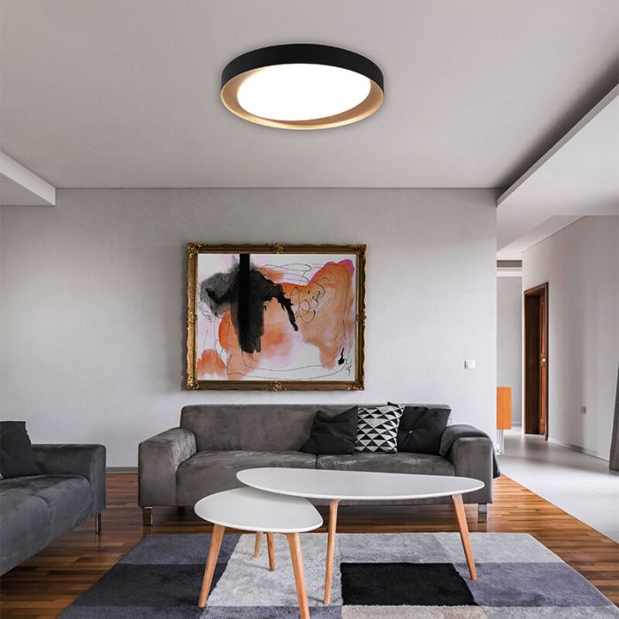 Black flush ceiling light modern, Joas, 24W, warm to cold white adjustable LED, with remote control