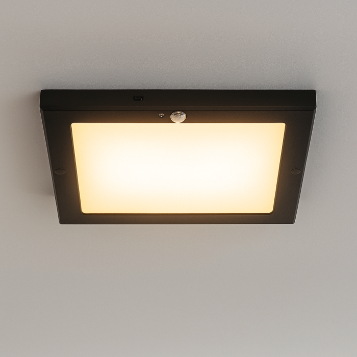 Plastic ceiling light with sensor black, Luan, 18W, 3000K LED