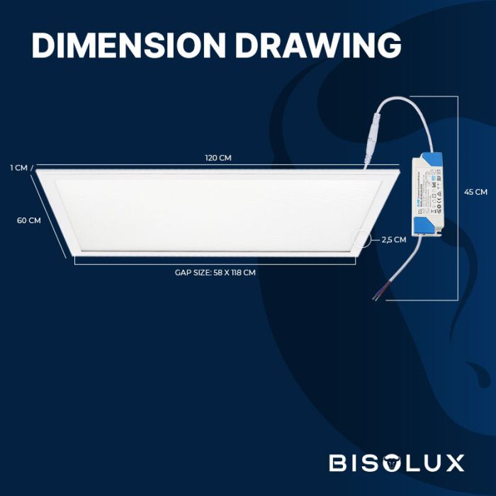 Bisolux 1200x600 LED Panel - 60W - 6000K - UGR<19 - Side-Lit