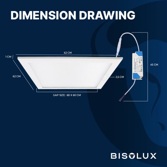 Bisolux 620x620 LED Panel - 38W - 3000K - UGR<19 - Side-Lit
