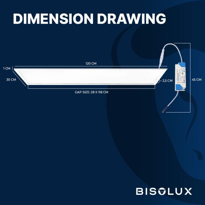 Bisolux 1200x300 LED Panel - 38W - 3000K - UGR<19 - Side-Lit